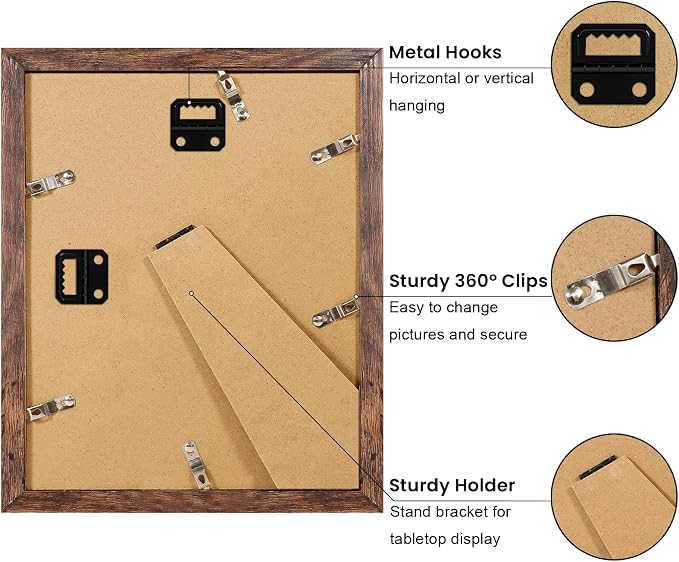 YESKAY 8x10 Picture Frame Set of 9, Display Pictures 5x7 with Mat or 8 x 10 Without Mat, Multi Photo Frames for Wall Mounting or Table Top Display, Rustic Brown