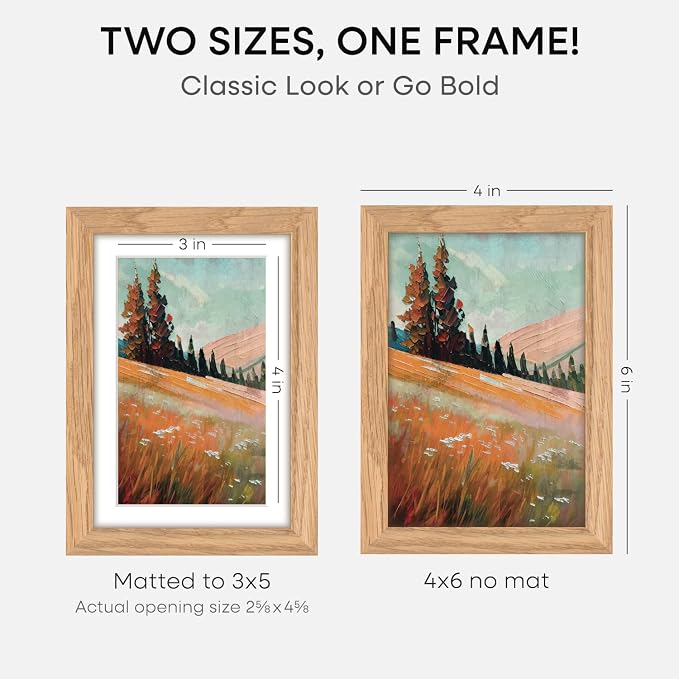 Homeforia 4x6 Natural Oak Picture Frame, High-End Wood, 3x5 Mat, Glass