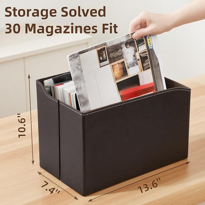 WRINGKIT Leather Magazine File Holder, Foldable Magazine Basket with Handle | Stable Brown Magazines Rack Floor, Document File Folder Organizer Box, Books Newspaper Storage Bin for Office Home School
