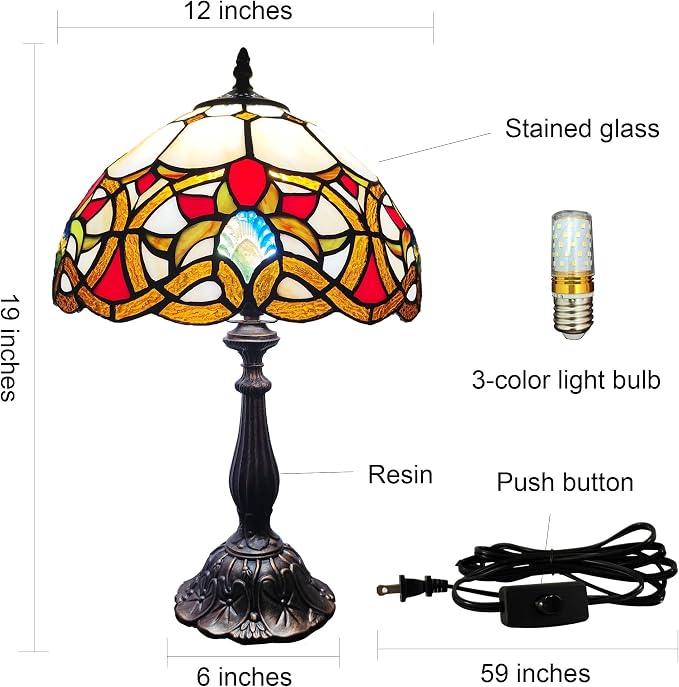 Tiffany Table Lamp Yellow Vines Flowers Stained Glass Desk Light 12 Inch Tiffany Style Bedside Lamp with LED Bulb for Bedroom Living Room Office Decor
