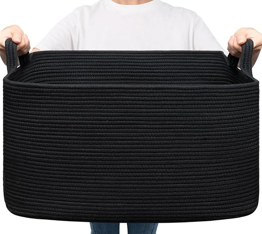 Goodpick Large Woven Rope Blanket Basket, Rectangle, Black, 75L | 21.6'' x 14.9'' x 11.8'' Storage Basket for Blankets, Toys & Pillows, Living Room & Bedroom Organization, Reinforced Handles