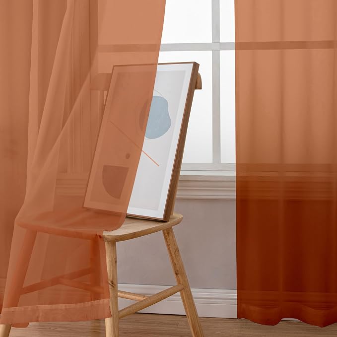 Simplebrand Orange Sheer Curtains 96 Inches Long, Light Filtering Rod Pocket Solid Color Window Sheer Curtain Panels, Elegant Curtains & Drapes for Living Room, Bedroom 2 Panels, 42" W x 96" L