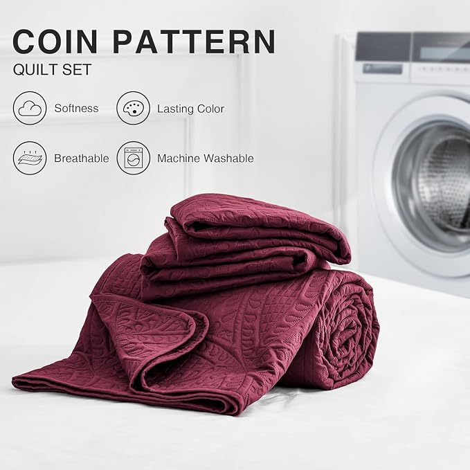 Love's cabin Twin Quilt Set Burgundy Bedspreads Bedding Set - Soft Bed Lightweight Bedspread Comforter - Modern Style Coin Pattern Coverlet for All Season - 2 Pieces (1 Quilt, 1 Pillow Sham)