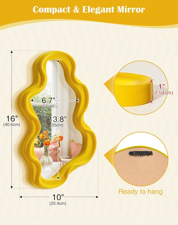 Trendy Bedroom Small Wall Mirror Decor,Yellow-Orange Funky Mirrors | 16x10",Soft Velvet-like Touch,Cloud Mirror for Girl Teen Women Bedroom Decoration,Cute Hanging Accent for Nursery Gallery