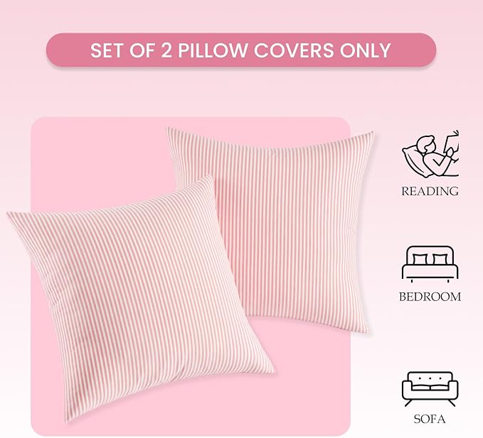 Spring Light Pink Striped Throw Pillow Covers 18x18 Set of 2, Farmhouse Outdoor Decorative Stripe Pillow Covers For Patio Furniture, Funky Blush Pink Throw Pillows 18 x 18 (No Pillow Inserts)
