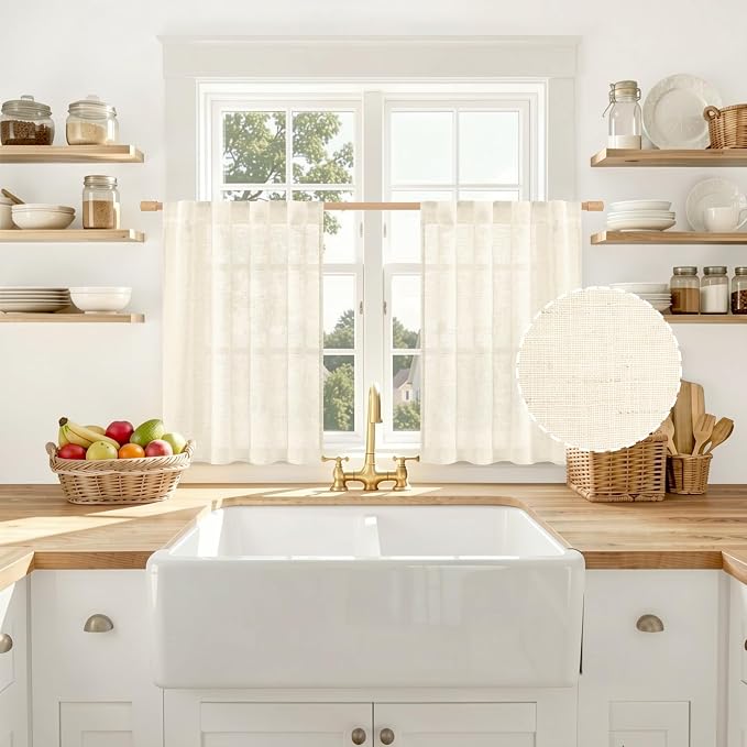 Beige Sheer Linen Cafe Curtains 30 Inch Length 2 Panels for Windows | Light Filtering, Small Window Panels, Short, Curtains for Kitchen, Bathroom, Basement, Back Tab Rod Pocket, 34 x 30 Inch