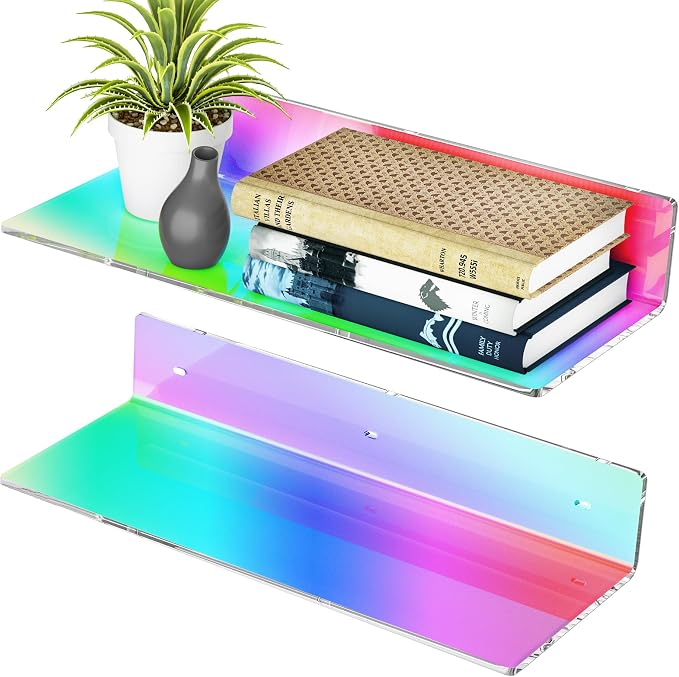 Sezanrpt 2 Pack Iridescent Acrylic Floating Shelves 15 Inches, Wall Hanging Bathroom Shelves, Wall Storage Shelf for Kitchen, Dining Room, Living Room, Bedroom, Bathroom, Retail, Supermarket