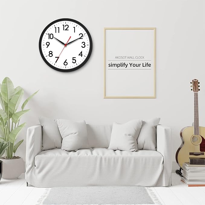 AKCISOT 12 Inch Wall Clock, Silent Battery Operated Analog Clock, Black | Office | Kitchen | Living Room | Classroom | Easy-to-read Numbers