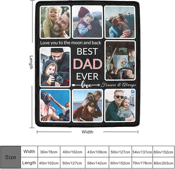 Gifts for Dad Custom Blanket with Photo, Make a Personalized Father's Day Blankets with Picture Customized Fathers Day Throw Blanket for Best Dad Ever, 8 Collage Made in USA