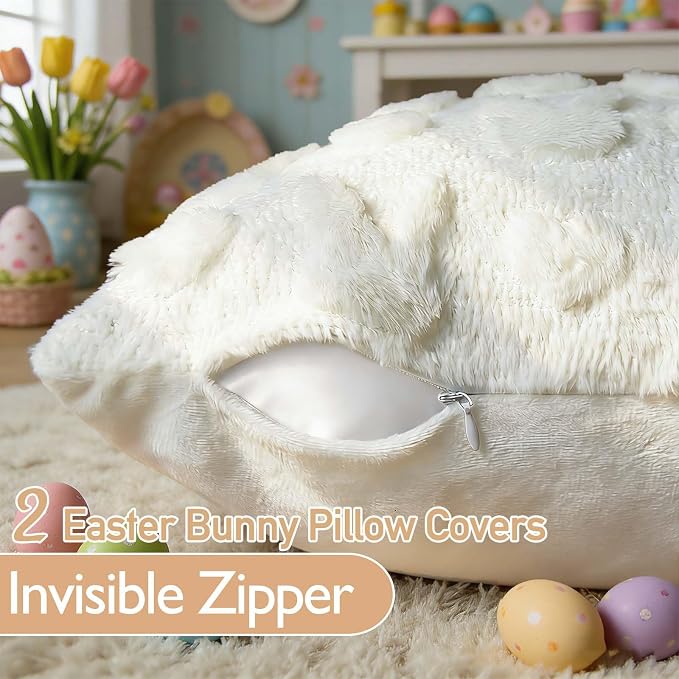 ONFAON Easter Decorations-Easter Day Pillow Covers,18x18 Inch Set of 2, White Heart and Bunny Soft Plush Faux Wool Throw Pillow Case for Bedroom Sofa Holiday Festivals Home Decor