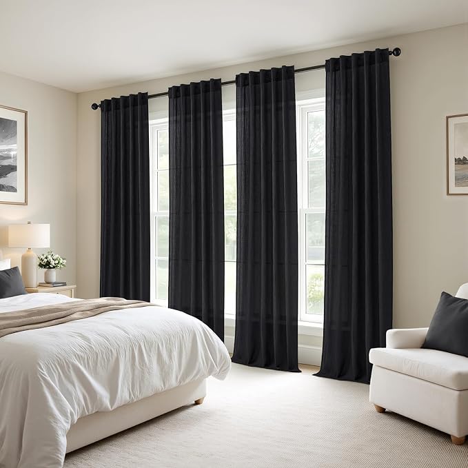 MIULEE Black Back Tab Linen Curtains 4 Panels 42W x 102L | Linen material, light filtering, rod pocket back tab hanging, farmhouse decor for living room bedroom