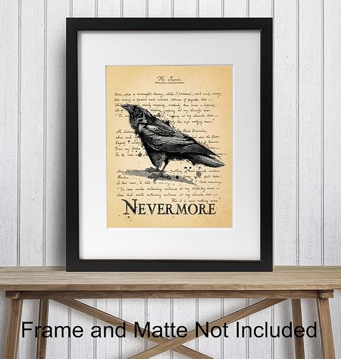 The Raven - Nevermore - Edgar Allan Poe Gifts - Goth Room Decor - Gothic Home Decor - Creepy Poetry Poem Wall Art - Vintage Rustic Decoration - 8x10 Retro Poster Print