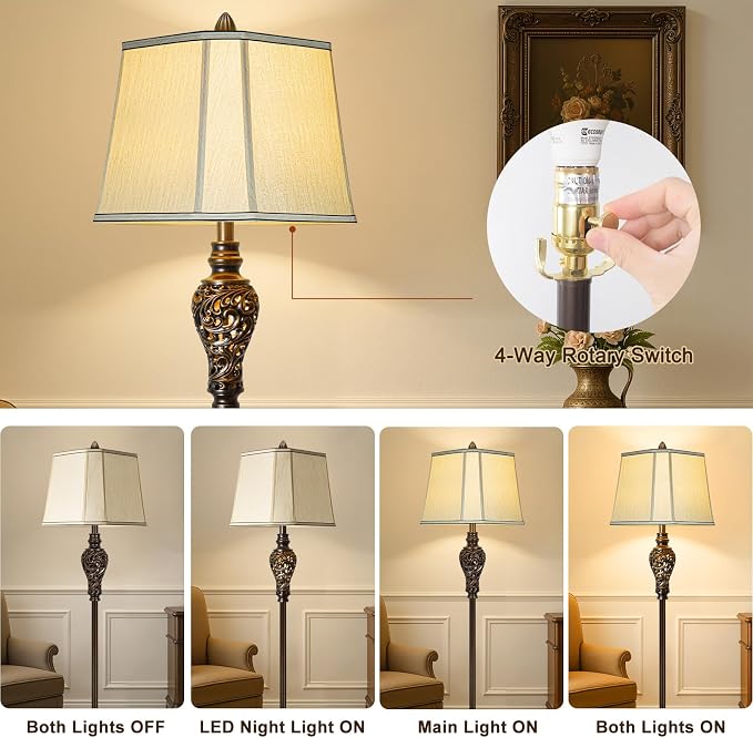 Vintage Floor Lamp with Night Light for Bedroom, Dark Brown Finish