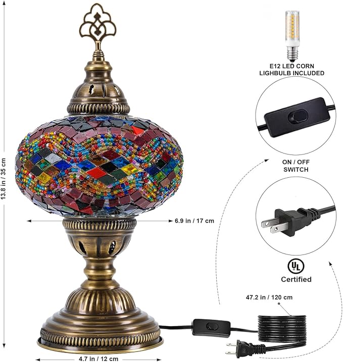Moroccan Turkish Lamp – Colorfull Mosaic Glass Bedside & Desk Light, Handcrafted Vintage Home Decor with E12 Socket