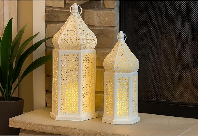 VELA LANTERNS Large Temple Tower Moroccan Lantern Lamp Decorative Candle Holders for Ramadan Decorations, Hanging, Outdoor Patio or Porch, Indoor Home Decor, Weddings, White, Set of 2