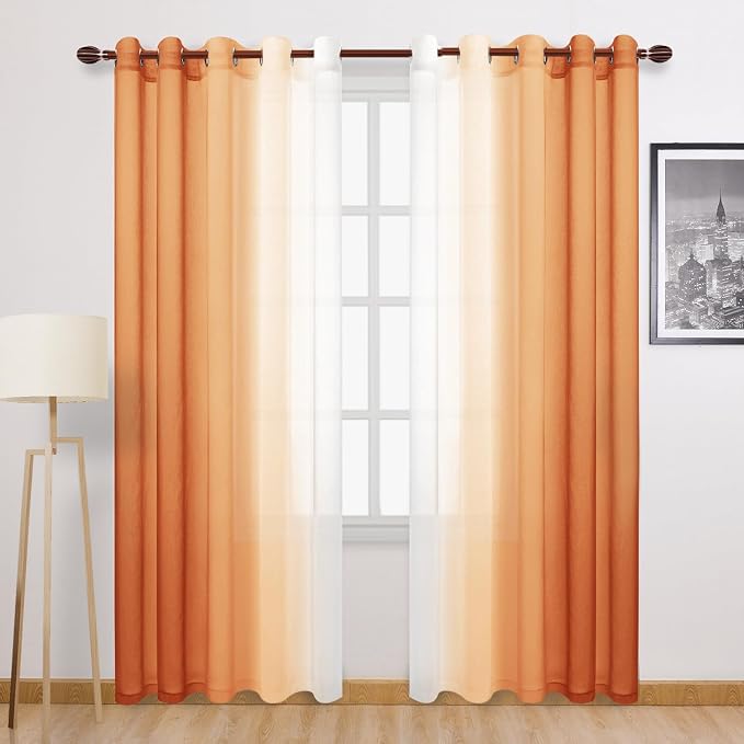 DWCN Ombre Faux Linen Sheer Curtains - Extra Wide Gradient Semi Voile Light Filtering Grommet Top Bedroom and Living Room Curtains, 60 x 84 Inches Long, 2 Panels, Sunset Orange