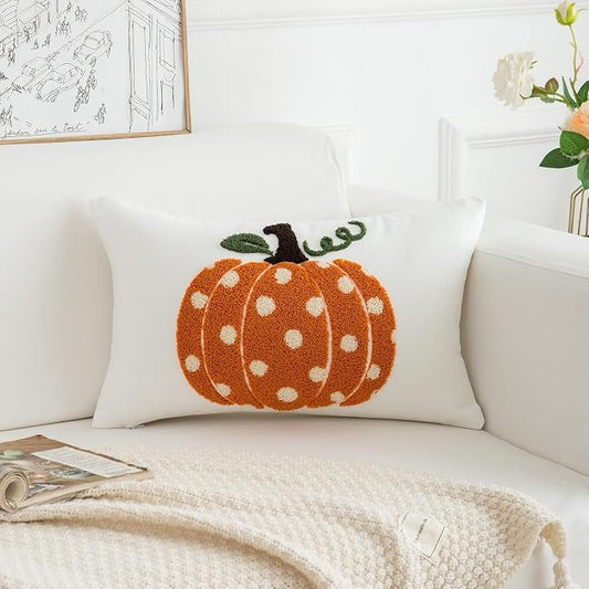 Fall Pumpkins Pillow Covers 12x20 Inch Dots Pumpkin Embroider Decorative Throw Pillowcases Farmhouse Autumn Seasonal Harvest Patio Cushion Cases for Sofa Couch Home