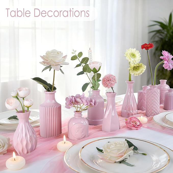 TBWIND 12 Pcs Blush Pink Glass Bud Vase Set | Mini, Vintage, For Flowers, Centerpieces, Wedding & Home Décor