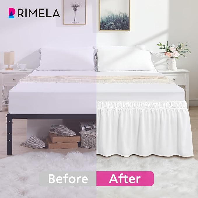 Bright White Bed Skirt Twin Size 15" Drop, Elastic Wrap Around Bedskirt | Solid Ruffled, Easy to Use, No Mattress Lifting, Wrinkle & Fade Resistant, with Adhesive Strips, Machine Wash/Dry/Iron