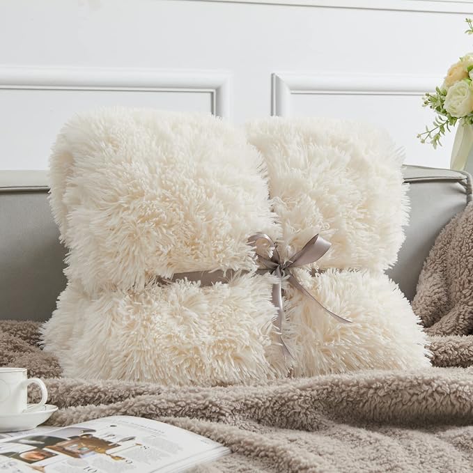 GONAAP Fuzzy Faux Fur Throw Blanket for Couch, Ivory, 40"x50" | Warm Cozy Plush Shaggy Decorative Reversible Thick Non-Heated Fleece Blanket for Sofa Bed, Gift for Women Men, All Season Use