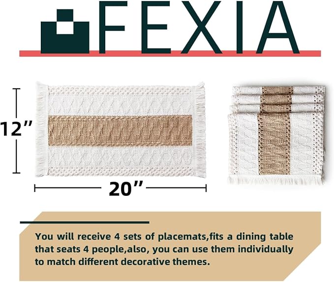 FEXIA Boho Placemats Set of 4, Macrame Table Mats Farmhouse Dining Decor | 12x20" Woven Burlap Place Mat with Tassel for Kitchen and Dining Table Centerpiece Home Decorations Rustic Boho Kitchen Decor