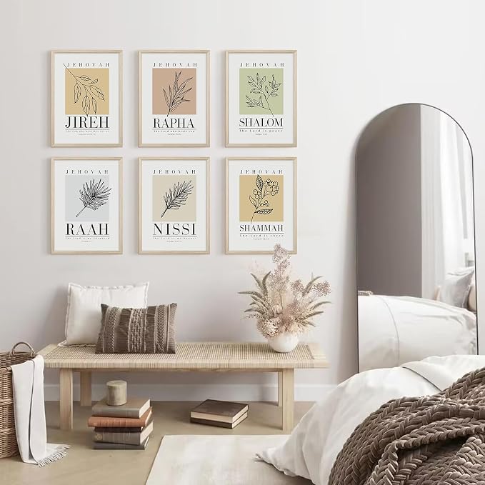 Bible Wall Art Print Set of 6 Christian Scripture Wall Art Decor Jehovah Jireh Rapha Shalom Shammah Nissi Raah Wall Art Bible Verse Poster Modern Minimalist for Bedroom Home 8x10 Inch Wood Framed