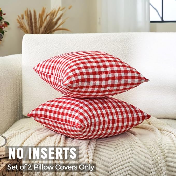 Red and White Outdoor Christmas Gingham Plaid Throw Pillow Covers 16x16 | Set of 2 Christmas Plaid Decor Pillow Covers 16 x 16,Cotton Textured Fabric,Vintage Farmhouse Rustic Red Christmas Xmas Decor