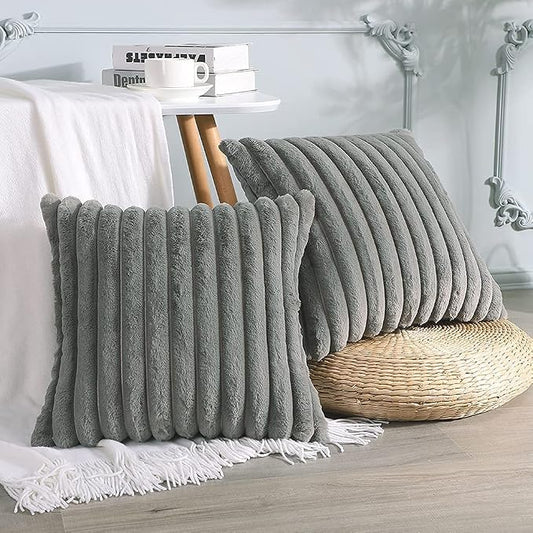 Soleebee Set of 2 Throw Pillow Covers Soft Cozy Velvet Pillowcase Faux Rabbit Fur Cover for Couch Sofa Bed Chair Home Decorative Pillows Cover (18x18 Inch, Grey)