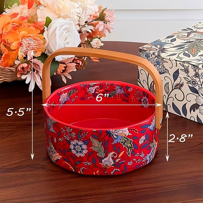 Ceramic Fruit Berry Basket with Detachable Wooden Handle Candy Dish Christmas Decorations Ornaments Decorative Bowl Home Kitchen & Dining Table Office Decor(Red)