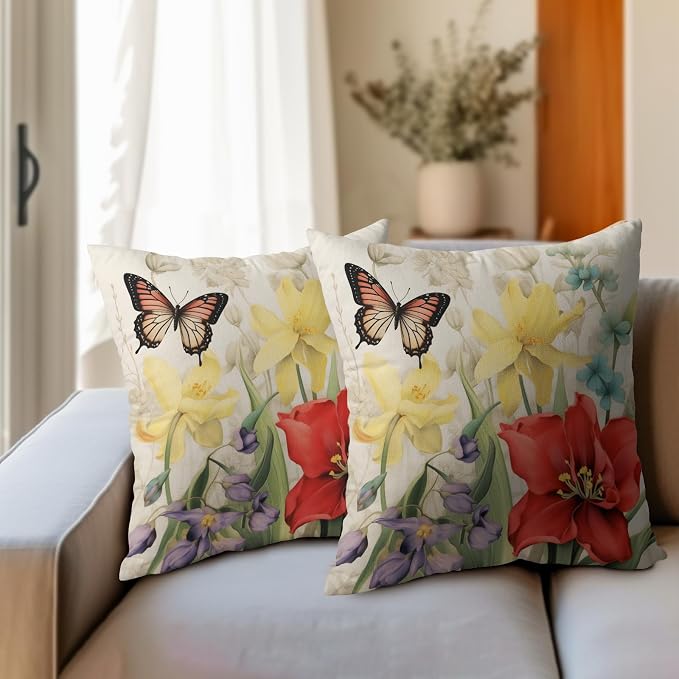 Spring Summer Flower Outdoor Decorative Pillow Covers 16x16 Inch Set of 2 Floral Butterfly Throw Pillows Spring Farmhouse Pillowcases Cotton Linen Cushion Covers for Couch Bed Sofa Chair Home Decor