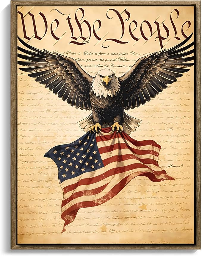 American Flag Framed Canvas Wall Art, 4th of July Patriotic Canvas Prints | USA Flag with Bald Eagle Poster Print, Vintage Independence Day Wall Decor for Bedroom Living Room 16×20in
