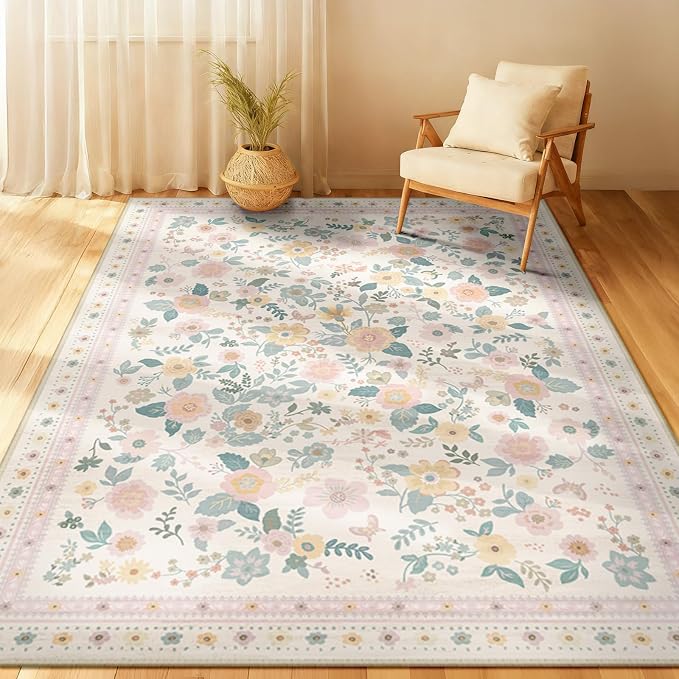 Washable Floral Area Rug for Living Room 3x5 Light Beige | Non-Slip，Vacuum-Friendly, Low Pile, Flower Carpet for Bedroom Kitchen Entryway Dining Room Office Nursery