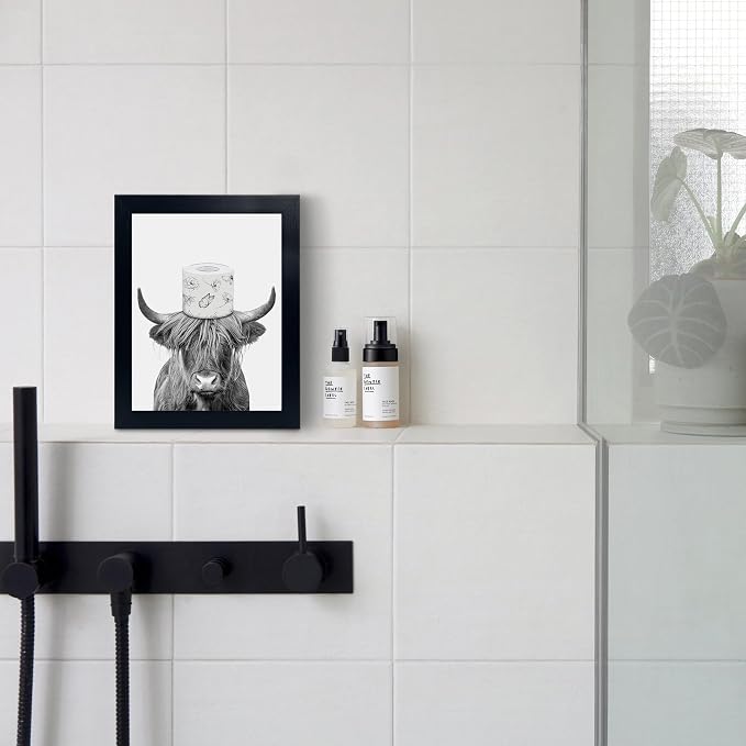 YongArt Black Framed Bathroom Decor - Funny Highland Cow Wall Art in Bathtub, 8x10''