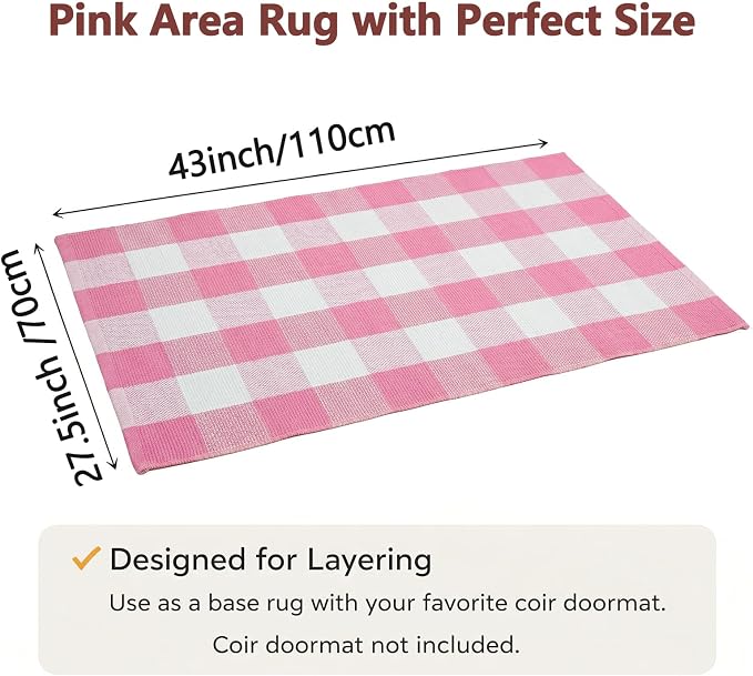 Buffalo Plaid Area Rug, Checkered Rug 27.5x43 Inches, Pink and White Rug, Washable Cotton Mat for Front Porch, Entryway, Kitchen, Living Room, Home Decor