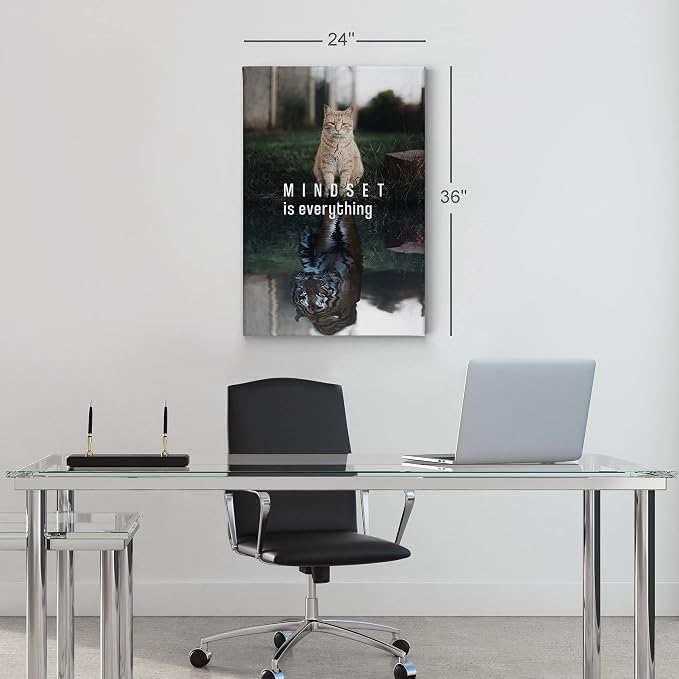 Smile Art Design Mindset is Everyting Brown Cat and Tiger Reflection Motivational Wall Art Canvas Print Inspirational Entrepreneur Quote Office Living Room Decor Gift Ready to Hang 12x8