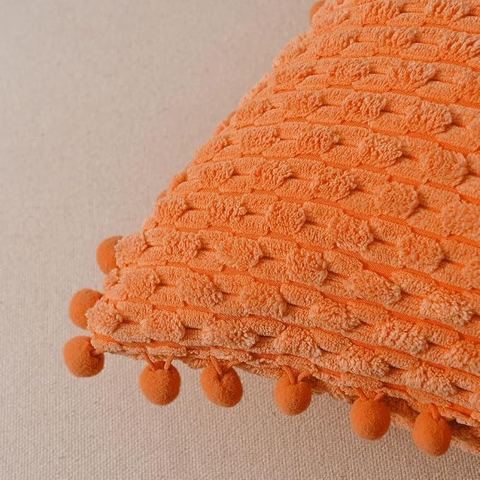 Fancy Homi Set of 2 Orange Fall Decorative Throw Pillow Covers 20x20 Inch with Pom-poms for Couch Bedroom Living Room, Halloween Autumn Home Decor, Soft Plush Corduroy Cute Cushion Case 50x50 cm