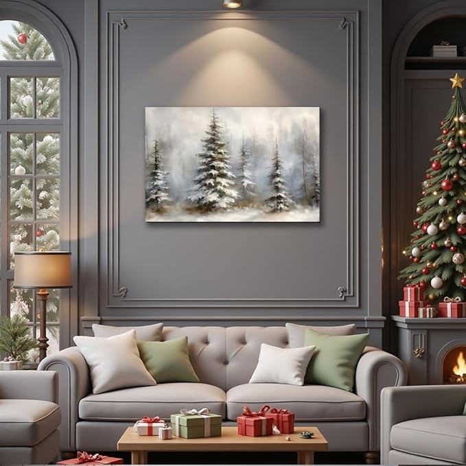 Framed Canvas Wall Art 24x36in, Vintage Snowy Christmas Tree Decor, Pine Tree Pictures for Living Room Decor, Winter Forest Paintings for Bedroom Bathroom, Holiday Decorations Gifts