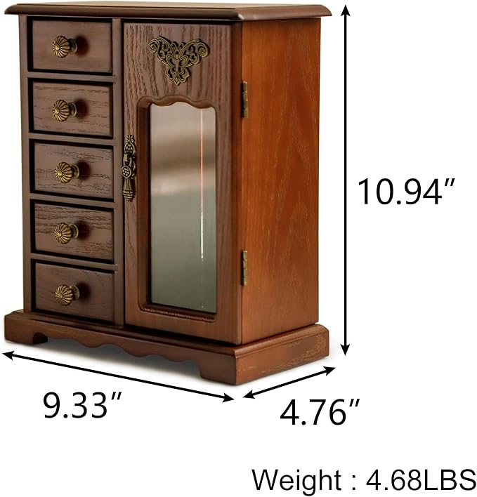 Kendal Wooden Jewelry Box for Women, Solid Jewelry Organizer With 5 Drawer, Jewelry Holder Organizer, Wood Jewelry Case with Butterfly Pattern & Mirror for Necklaces, Earring, Rings (Brown with 5 drawer)