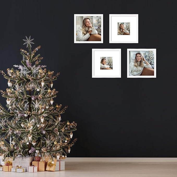 12x12 Picture Frame Set of 9, Display Pictures 8x8 with Mat or 12x12 without Mat, Multi Collage Gallery Square Photo Frames for Wall or Tabletop, White