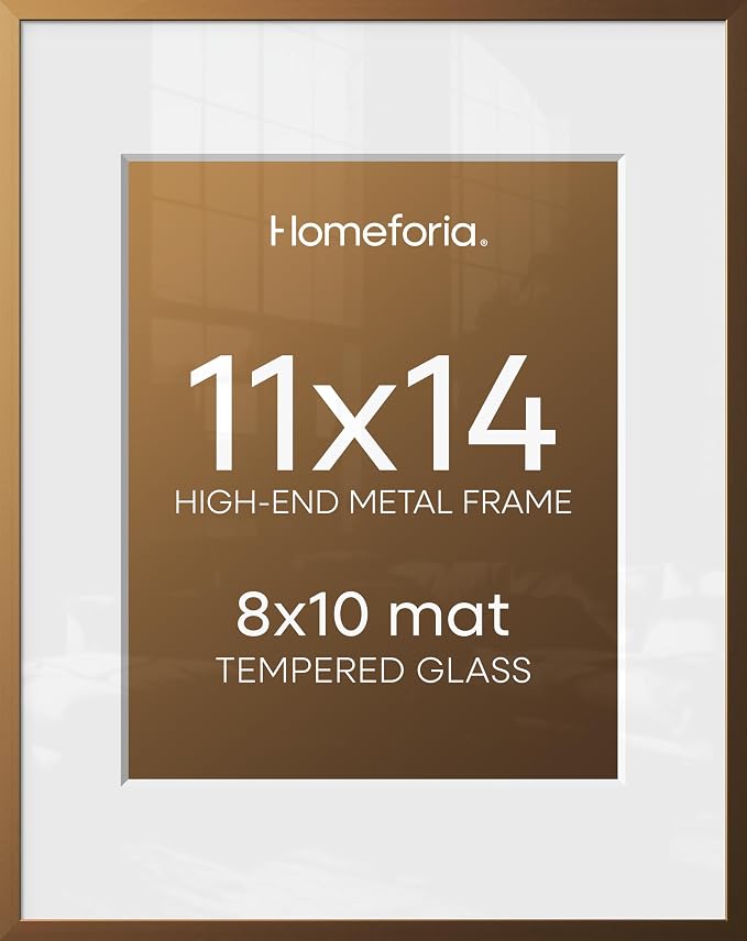 Homeforia 11x14 Bronze Picture Frame, High-End Metal, 8x10 Mat, Glass
