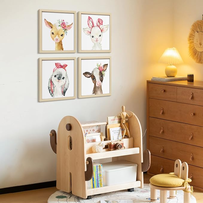 ArtbyHannah Framed Animal Nursery Wall Art Decor, 10x10inch Safari Prints | 4 Pack Pink Woodland Gallery Wall Frame Set Pictures Artwork for Baby Kids Bedrooms Playrooms Showers Home Decoration