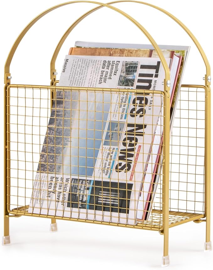 PUERSI Freestanding Magazine Holder, Metal Magazine Rack Floor Stand | Modern Touch Handbag Design, for Magazine, Newspaper, Books, Vinyl Record (Gold)
