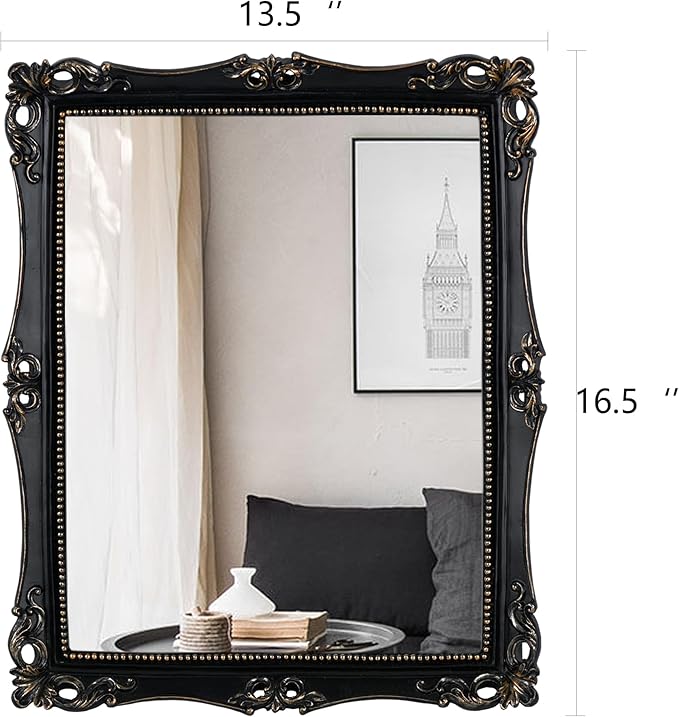 Funerom Vintage Decorative Square Mirror,Black,16.5 x 13.5 inch | Wall Mounted & Tabletop Makeup Mirror