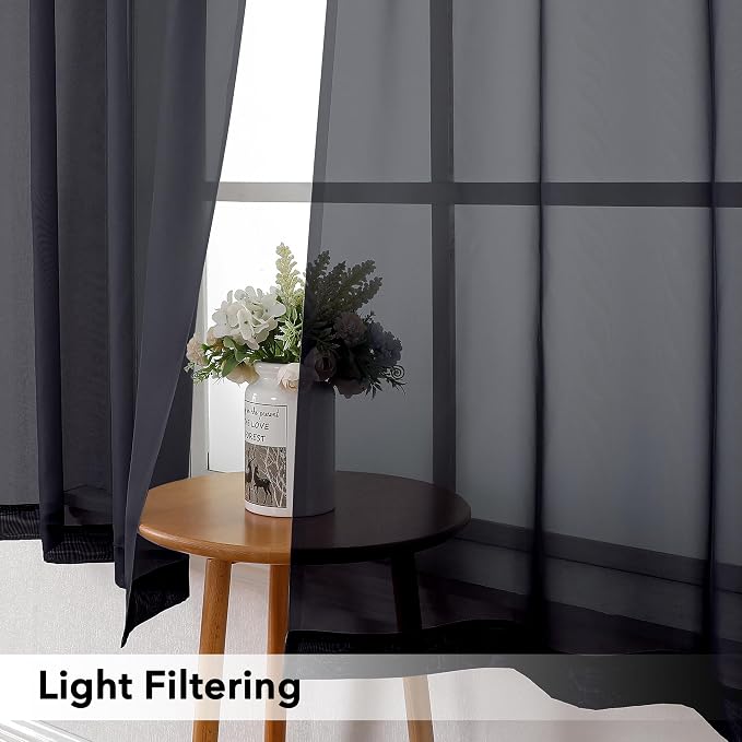 Simplebrand Black Valances 14 Inches Long for Living Room Pocket 2 Panel Light Filtering Sheer Translucent Valence Toppers for Window Kitchen Bathroom Bedroom 42x14 Inch Length