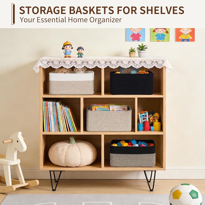 Goodpick 4 Pack Storage Baskets for Organizing Shelves, Black & Jute | 13" x 8" x 6" Woven Rope Baskets for Toys, Books & Magazines, Decorative Gift Basket for Nursery & Home, Rectangle Design