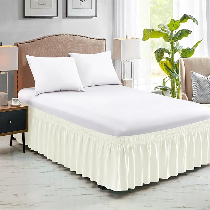 FreshCulture Queen Bed Skirt, Elastic Wrap Around Bed Skirt Queen Size, Bed Skirts for Adjustable Bed, Easy Fit with 18 Inch Drop Length, Hotel Quality Dust Ruffle for Queen Bed (Ivory)