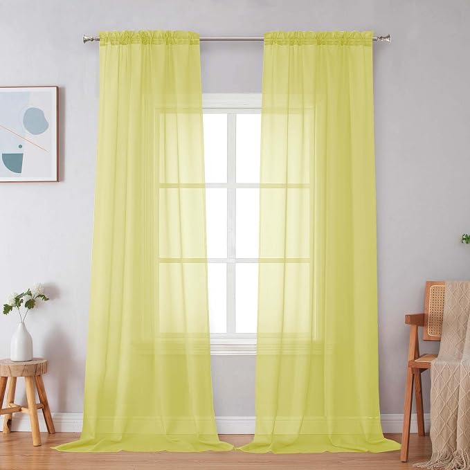Simplebrand Lemon Sheer Curtains 96 Inches Long, Light Filtering Rod Pocket Solid Color Window Sheer Curtain Panels, Elegant Curtains & Drapes for Living Room, Bedroom 2 Panels (Lemon, 42" W x 96" L)