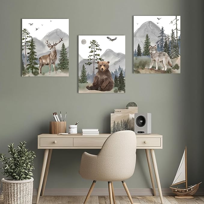 1 KINGO Woodland Animal Nursery Wall Art: 16"x24" Forest Wildlife Prints Canvas Posters Set of 3, Wolf Bear Elk Pictures Nursery Wall Decor for Kids' Bedroom, Boys & Girls Room