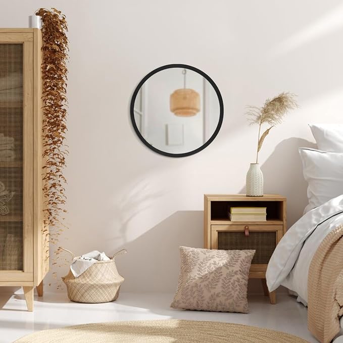 JJUUYOU Round Mirrors for Wall 20 Inch Hanging Circle Mirror for Bathroom, Black Wall Mounted Wood Frame Mirror for Living Room, Bedroom, Washroom, Dorm