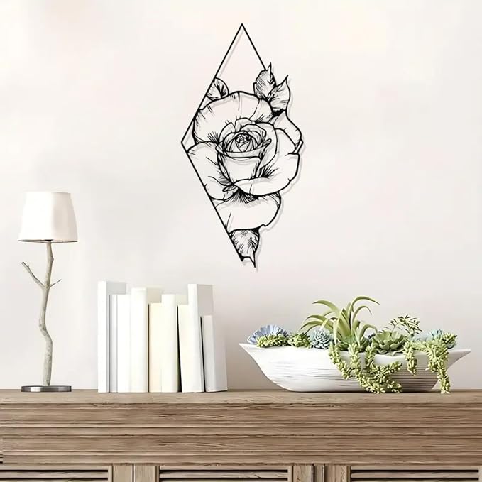 DUOOLN Metal Rose Wall Decor Art, Abstract Floral Hanging Sculpture Sign | Rustic Nature| Abstract Leaf Line Pictures |Rhombus Modern Painting|Silhouettes |Home Garden Bedroom Living Room|15.7×7.87 in